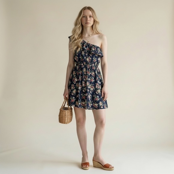 Vintage Y2K Floral Ruffle asymmetrical Mini dress Cottagecore boho spring - Picture 2 of 12